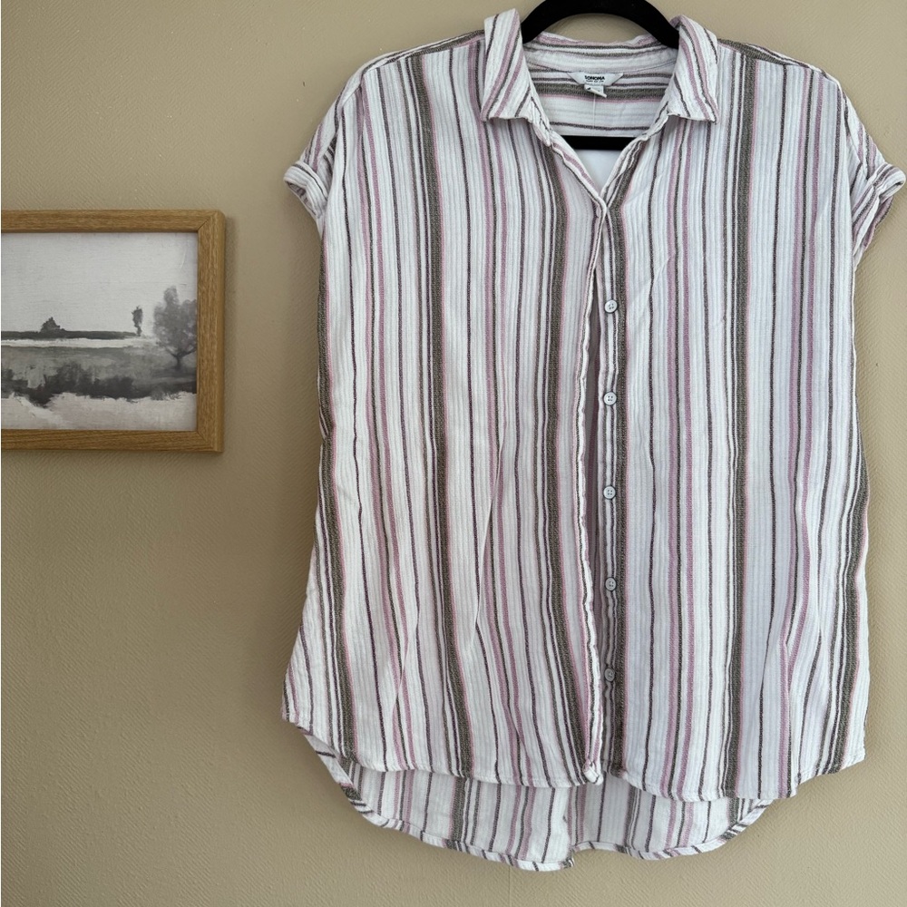 Sonoma Women's Button-Down Shirt - Cream, Pink, Gray Stripes